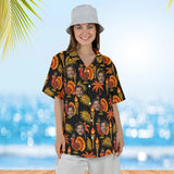 Woman wearing the Pilgrim Turkey Tiki Thanksgiving Hawaiian Shirt with custom faces