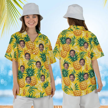 Woman wearing the Pineapple Aloha Shirt with custom faces, front and back view
