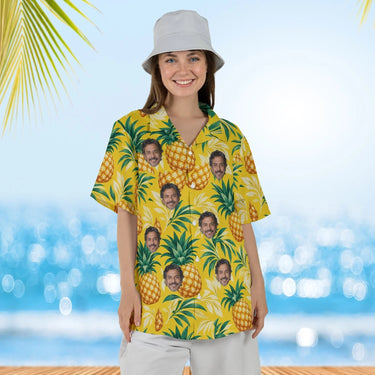 Woman wearing the Pineapple Aloha Shirt with custom faces