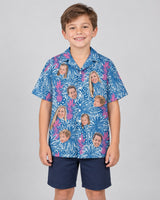 Pineapple Paradise Hawaiian shirt with printed faces, worn by a child