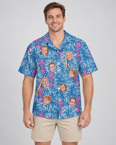 Pineapple Paradise Hawaiian shirt with printed faces, worn by a man