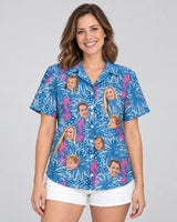 Pineapple Paradise Hawaiian shirt with printed faces, worn by a woman