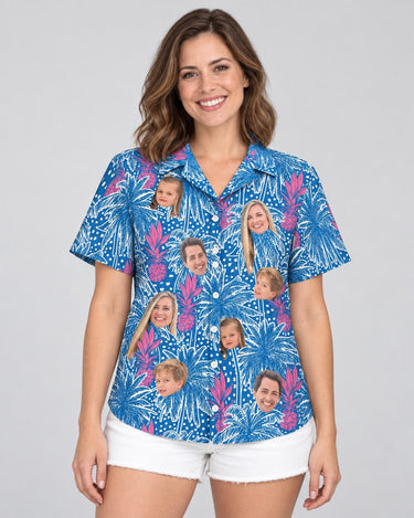 Pineapple Paradise Hawaiian shirt with printed faces, worn by a woman