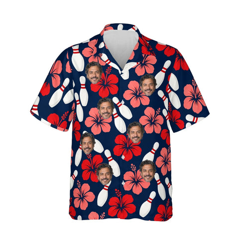 Pins & Hibiscus Hawaiian Bowling Shirt personalized with printed faces, front view