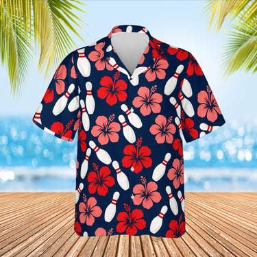 Pins & Hibiscus Hawaiian Bowling Shirt print before personalizing, front view