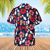 Pins & Hibiscus Hawaiian Bowling Shirt with custom faces, back view
