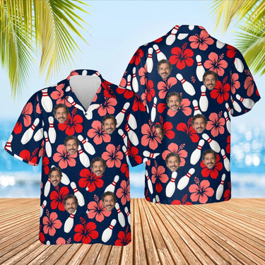 Pins & Hibiscus Hawaiian Bowling Shirt with custom faces, front and back