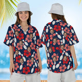 Woman wearing the Pins & Hibiscus Hawaiian Bowling Shirt with custom faces, front and back view