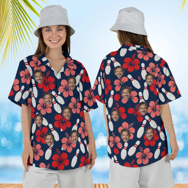 Woman wearing the Pins & Hibiscus Hawaiian Bowling Shirt with custom faces, front and back view