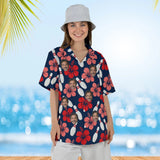 Woman wearing the Pins & Hibiscus Hawaiian Bowling Shirt with custom faces