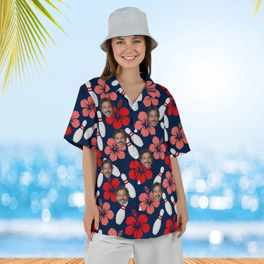 Woman wearing the Pins & Hibiscus Hawaiian Bowling Shirt with custom faces