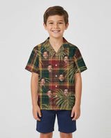 Plaid Palm Christmas Hawaiian Shirt with printed faces, worn by a child