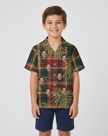 Plaid Palm Christmas Hawaiian Shirt with printed faces, worn by a child