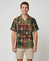 Plaid Palm Christmas Hawaiian Shirt with printed faces, worn by a man