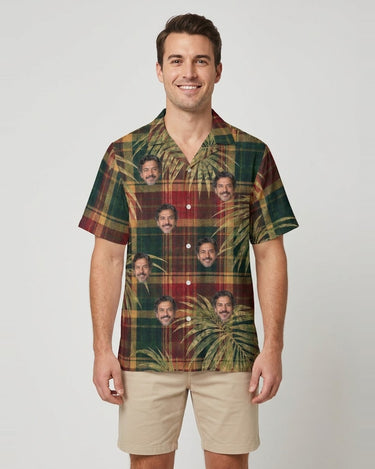 Plaid Palm Christmas Hawaiian Shirt with printed faces, worn by a man