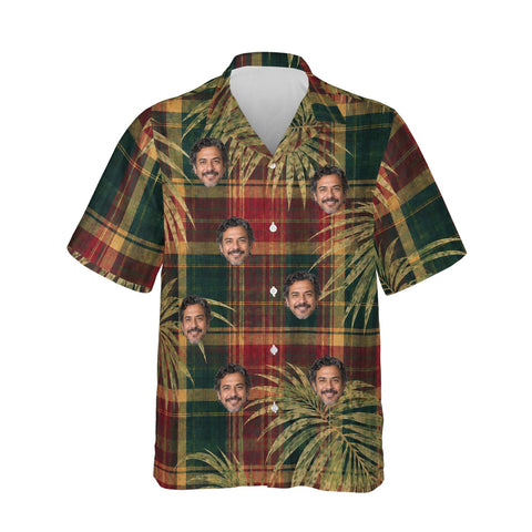 Plaid Palm personalized Christmas Hawaiian shirt printed with customer faces, front view