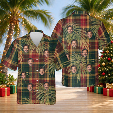 Plaid Palm custom Christmas Hawaiian shirt with faces, front and back