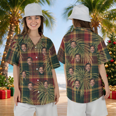 Plaid Palm personalized Christmas Hawaiian shirt with faces worn by a woman, front and back