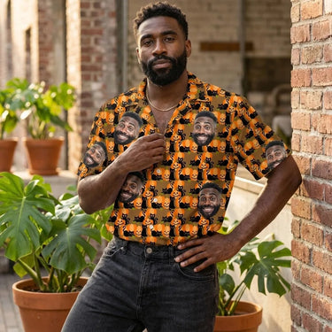 Playful Black Cat Halloween custom Hawaiian shirt with photos, example 2