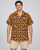 Playful Black Cat Halloween Hawaiian shirt with printed faces, worn by a man