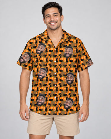 Playful Black Cat Halloween Hawaiian shirt with printed faces, worn by a man