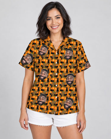 Playful Black Cat Halloween Hawaiian shirt with printed faces, worn by a woman