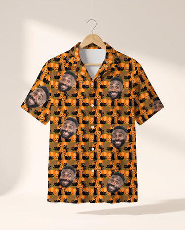 Playful Black Cat Halloween personalized Hawaiian shirt printed with customer faces