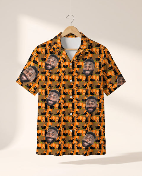 Playful Black Cat Halloween personalized Hawaiian shirt printed with customer faces