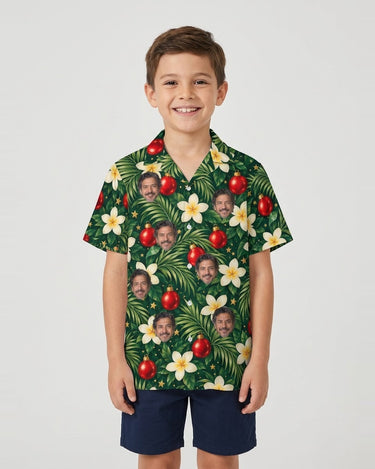 Plumeria Baubles Christmas Hawaiian Shirt with printed faces, worn by a child