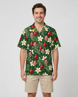 Plumeria Baubles Christmas Hawaiian Shirt with printed faces, worn by a man