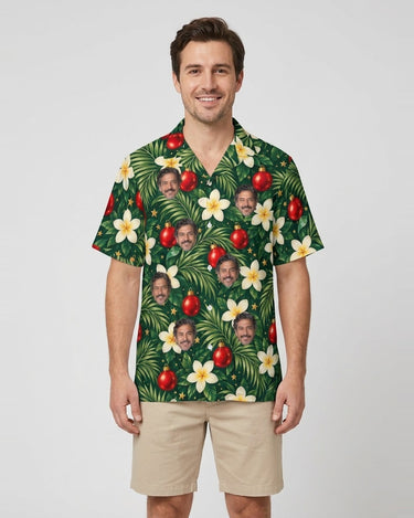 Plumeria Baubles Christmas Hawaiian Shirt with printed faces, worn by a man