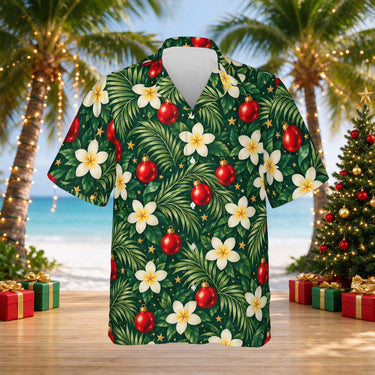 Plumeria Baubles Christmas Hawaiian shirt print before personalizing, front view