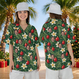 Plumeria Baubles personalized Christmas Hawaiian shirt with faces worn by a woman, front and back