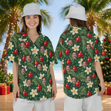 Plumeria Baubles personalized Christmas Hawaiian shirt with faces worn by a woman, front and back