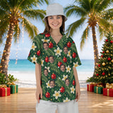 Plumeria Baubles Christmas Hawaiian shirt with printed faces worn by a woman, front view