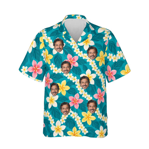 Plumeria Lei Aloha Shirt personalized with printed faces, front view