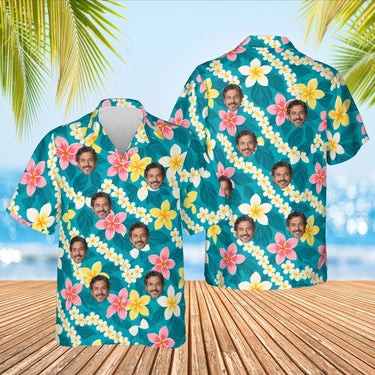 Plumeria Lei Aloha Shirt with custom faces, front and back