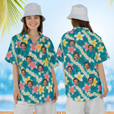 Woman wearing the Plumeria Lei Aloha Shirt with custom faces, front and back view
