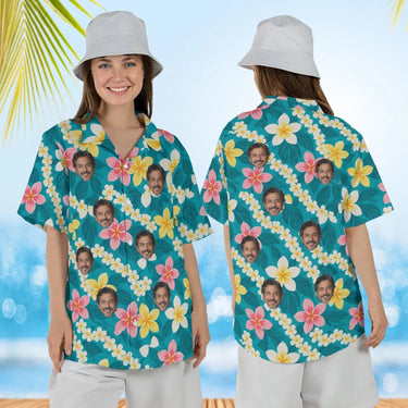 Woman wearing the Plumeria Lei Aloha Shirt with custom faces, front and back view