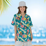 Woman wearing the Plumeria Lei Aloha Shirt with custom faces
