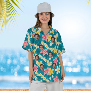 Woman wearing the Plumeria Lei Aloha Shirt with custom faces