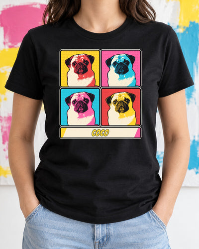 Black custom pop art pet portrait shirt worn in a bright studio, showing one photo repeated in four colorful halftone panels and a comic name strip.