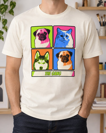 Natural cream pop art pet portrait tee with three uploaded photos cycling through lime, pink, orange and blue panels beneath a short comic title.