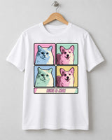 White custom pop art pet portrait shirt on a wooden hanger, with alternating portraits in pastel panels, dark outlines and a cream name strip.