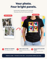 Photo customization steps for the pop art pet portrait shirt: upload one to three photos, add a short name and select the print and shirt colors.