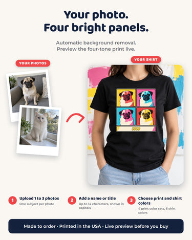 Photo customization steps for the pop art pet portrait shirt: upload one to three photos, add a short name and select the print and shirt colors.