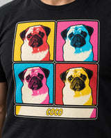 Close-up of a black pop art pet portrait tee showing four flat portrait tones, clear dark outlines, halftone dots and large comic name lettering.