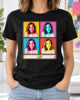 Black custom pop art portrait shirt worn in a bright studio, showing one photo repeated in four colorful halftone panels and a comic name strip.