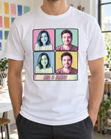 White custom pop art photo shirt worn beside a studio worktable, with two portraits alternating through four pastel panels and the title Mia & James.