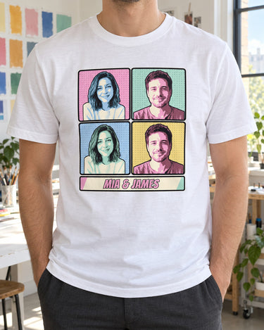 White custom pop art photo shirt worn beside a studio worktable, with two portraits alternating through four pastel panels and the title Mia & James.